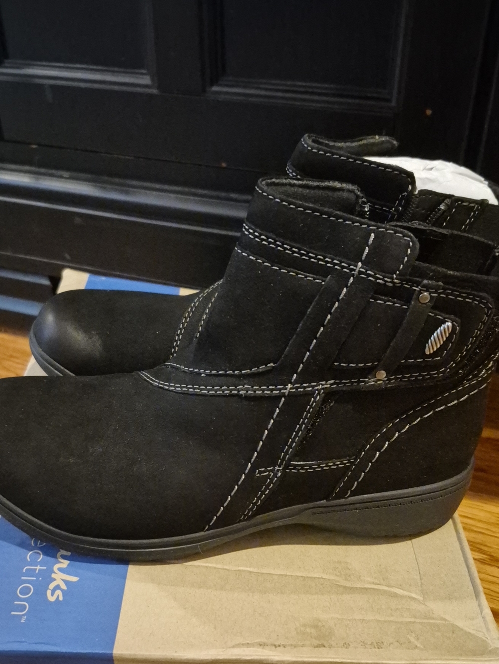 Clarks Black Suede Women's Ankle Booties with Contrast Stitching